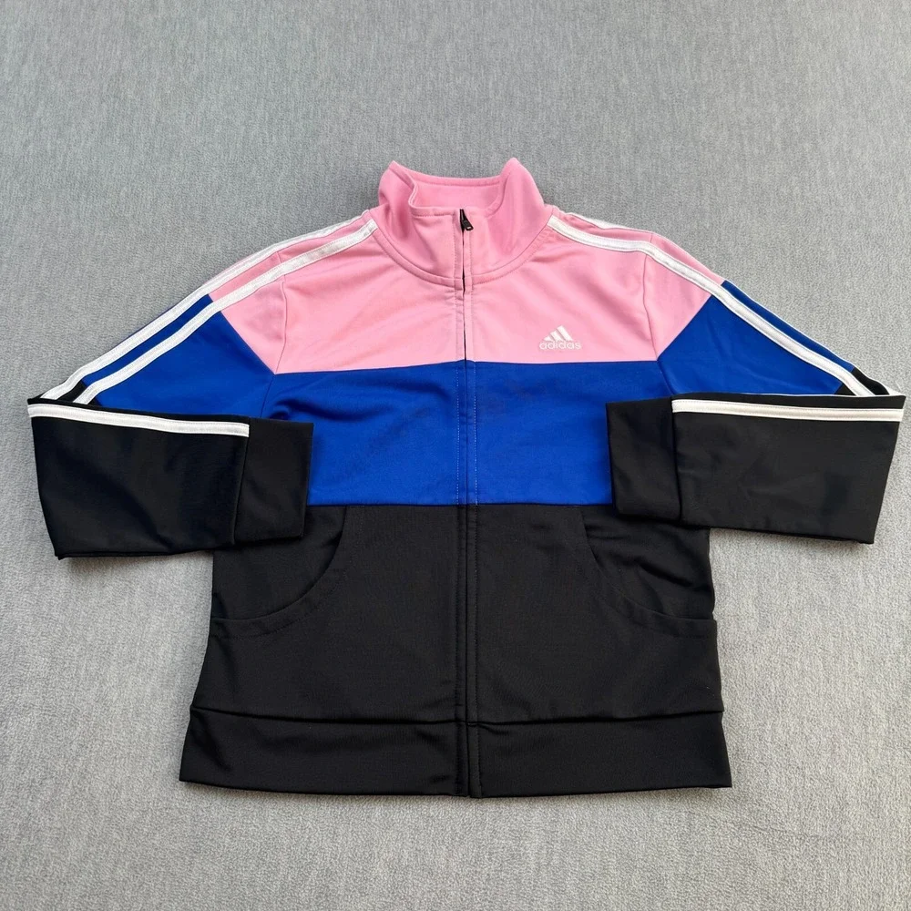 Adidas Track Jacket Girls Size Medium 10/12 Pink Striped Full Zip‎ Activewear